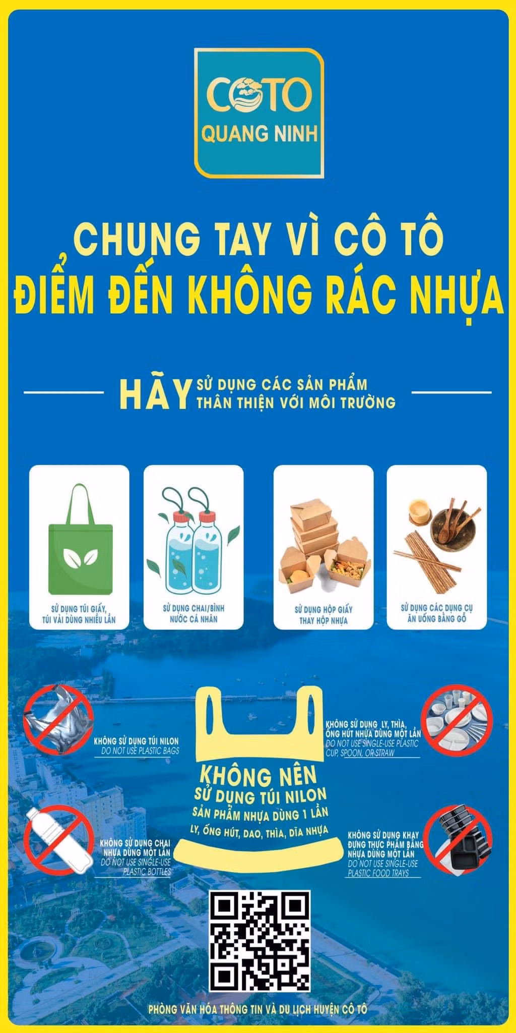 Banner tuyên truyền Đề án “Huyện đảo Cô Tô không có rác thải nhựa”.
