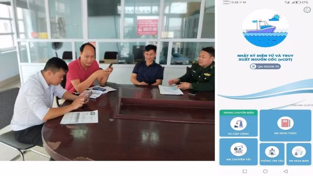 Cán bộ Văn phòng đại diện thanh tra, kiểm tra, kiểm soát nghề cá tại cảng Cái Rồng hướng dẫn chủ tàu QN-90206-TS thực hiện khai báo điện tử. Ảnh do đơn vị cung cấp