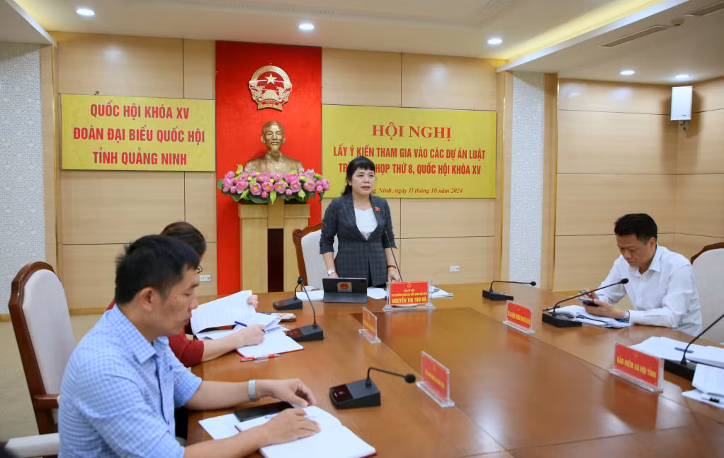 Đồng chí Nguyễn Thị Thu Hà, Phó Trưởng đoàn ĐBQH tỉnh, phát biểu tại hội nghị.
