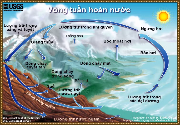 Sơ đồ vòng tuần hoàn nước, do Cục Địa chất Hoa Kỳ vẽ.
