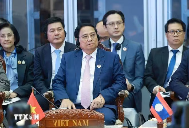 Thủ tướng Phạm Minh Chính tham dự và phát biểu tại Phiên đối thoại của lãnh đạo ASEAN với đại diện Hội đồng Tư vấn Kinh doanh ASEAN. (Ảnh: Dương Giang/TTXVN)