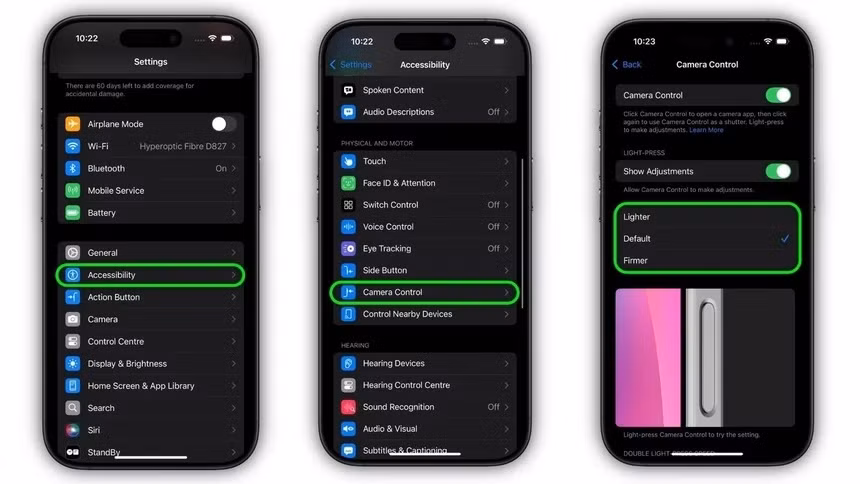 Màn hình chỉnh độ nhạy khi nhấn Camera Control. Ảnh: MacRumors.