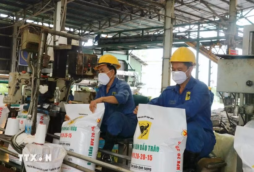 Dây chuyền đóng gói của Công ty phân bón Bình Điền (Long An). (Ảnh: Bùi Giang/TTXVN)