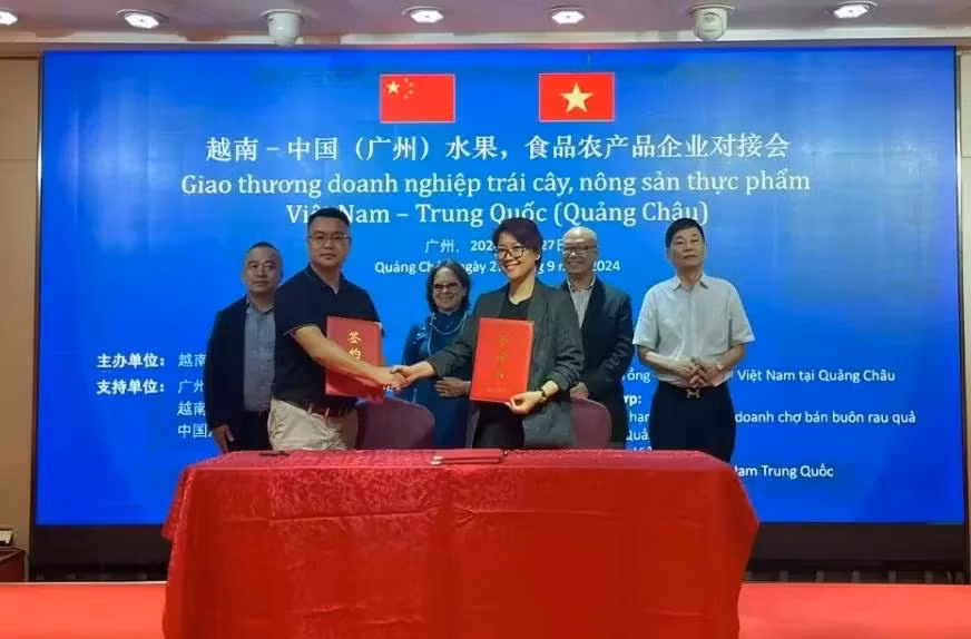 Lễ ký kết Biên bản ghi nhớ thúc đẩy xuất khẩu dừa tươi từ Việt Nam vào thị trường Trung Quốc của Betrimex và Thương hội Nhập khẩu Trái cây Giang Nam Quảng Châu - Ảnh: Hiệp hội Dừa Việt Nam