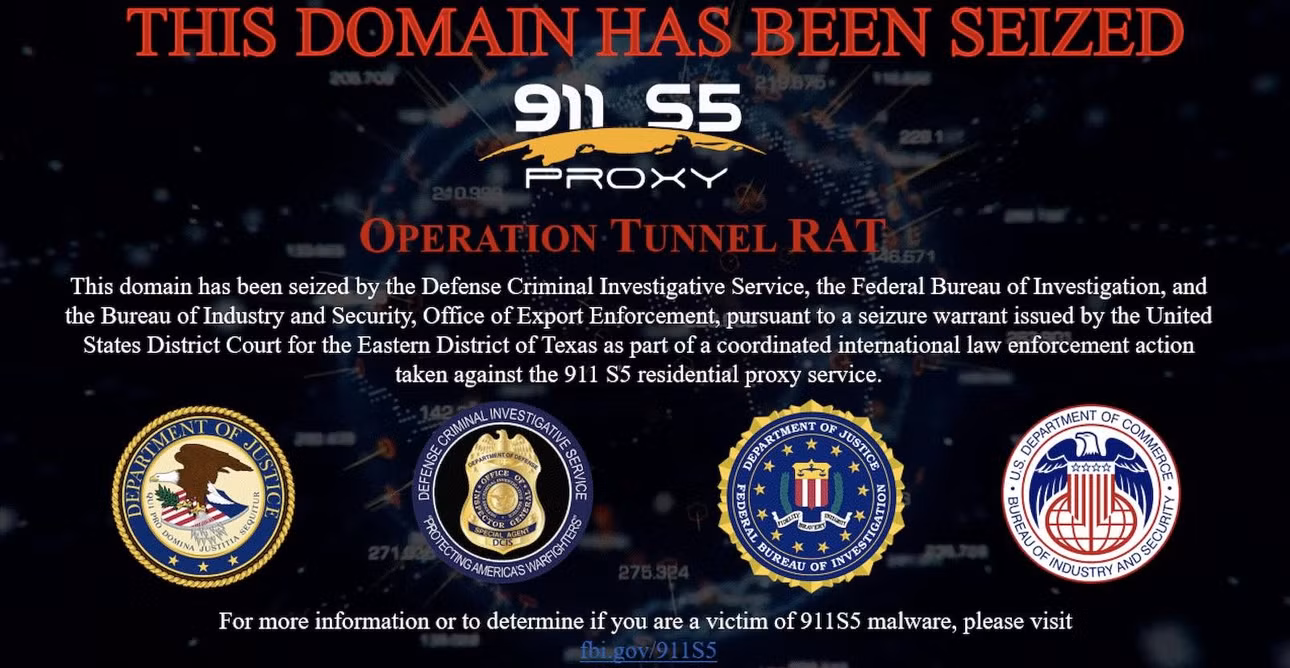 Thông báo tịch thu tên miền thuộc về botnet 911 5S của nhà chức trách. Ảnh: Bleeping Computer