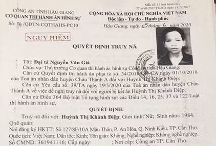 Lệnh truy nã đối tượng Huỳnh Thị Khánh Điệp. Ảnh: Công an xã Triệu Long