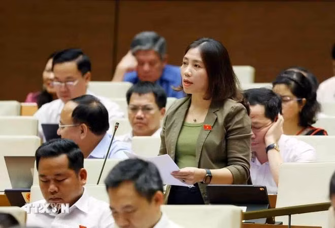 Đại biểu Quốc hội tỉnh Nghệ An Hoàng Thị Thu Huyền phát biểu. (Ảnh: Phạm Kiên/ TTXVN)