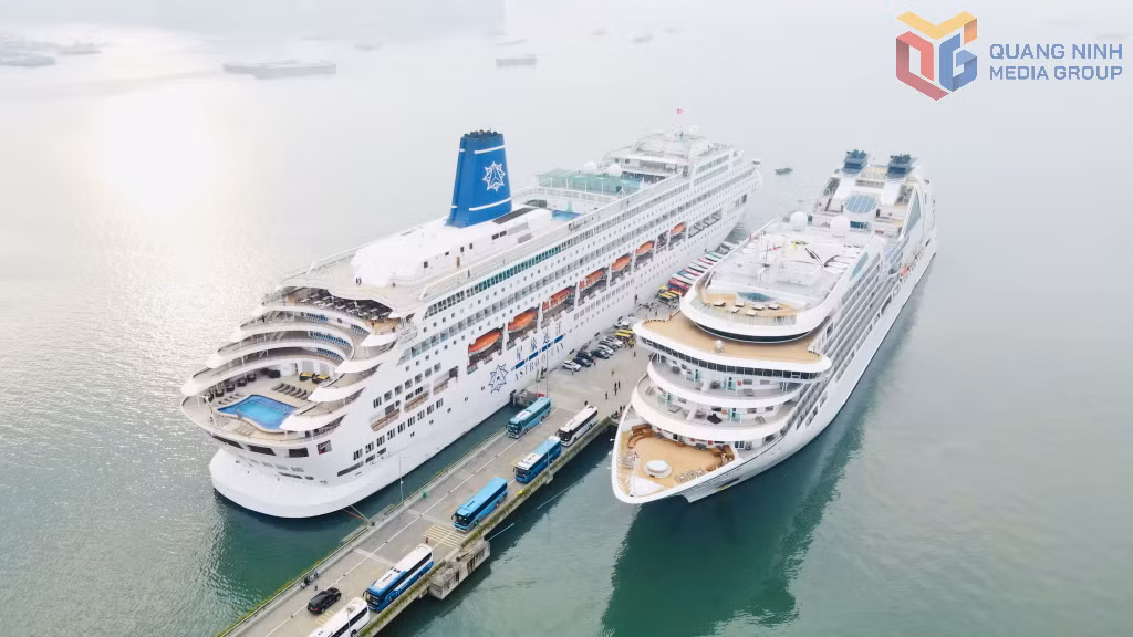 Hai siêu du thuyền Seabourn Encore và Piano Land chở gần 2.400 khách quốc tế cập cảng tàu khách quốc tế Hạ Long sáng mùng 1 Tết Nguyên Đán Bính Ngọ.