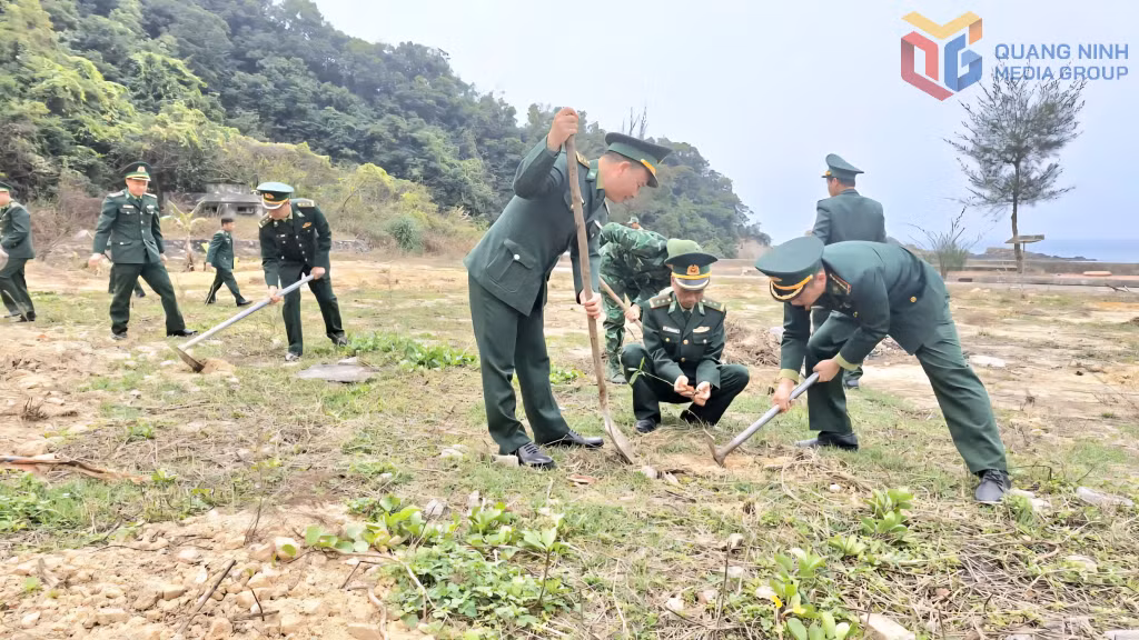 Ngay sau lễ phát động cán bộ, chiến sĩ Đồn Biên phòng Đảo Trần đã ra quân trồng 600 cây chắn gió, chắn sóng.