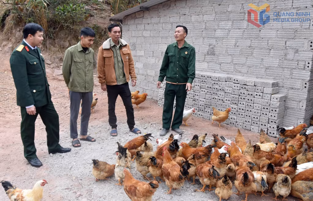 Chi hội trưởng Chi hội CCB thôn Nà Cà Chìu Chăn Phúc (ngoài cùng bên phải) giới thiệu mô hình nuôi gà Tiên Yên cho Hội CCB xã Tiên Yên.