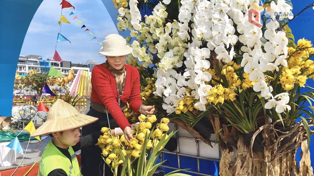 Các nghệ nhân gấp rút hoàn thiện phần trang trí cho cổng hoa của đại lộ hoa xuân “Quảng Ninh - Xuân di sản, kỳ quan số”...