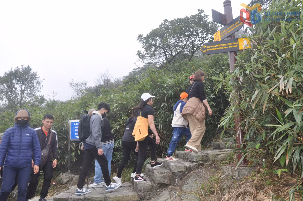 Khách hành hương về tham quan, chiêm bái đi trên các tuyến đường nằm giữa rừng quốc gia Yên Tử.