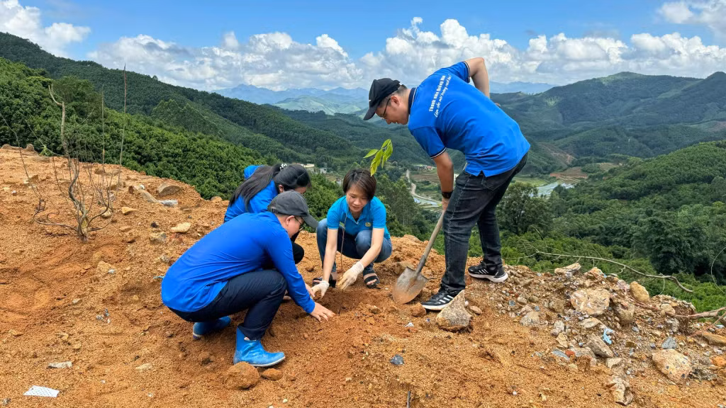 Thanh niên Tiên Yên hưởng ứng chương trình trồng rừng gỗ lớn của địa phương. Ảnh: Huyện Đoàn Tiên Yên cung cấp.