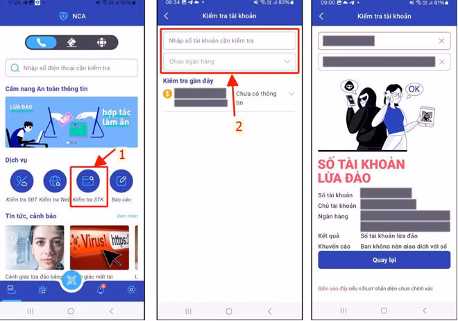 Các bước để kiểm tra số tài khoản ngân hàng tại mục Dịch vụ của ứng dụng nTrust.