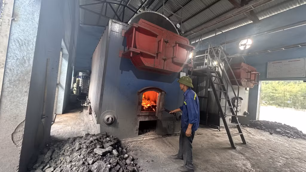 Sử dụng nồi hơi đốt bằng than để thay thế điện năng trong các hoạt động nấu ăn, tắm, giặt sấy bảo hộ lao động ở Công ty Than Uông Bí.