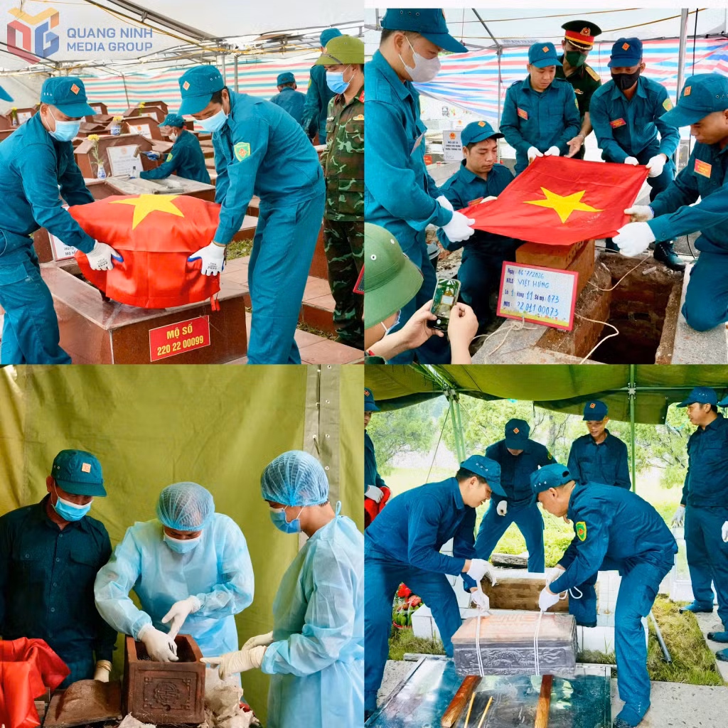 Các lực lượng quân sự, y tế phối hợp chặt chẽ trong quá trình thực hiện khai quật, lấy mẫu hài cốt liệt sĩ.