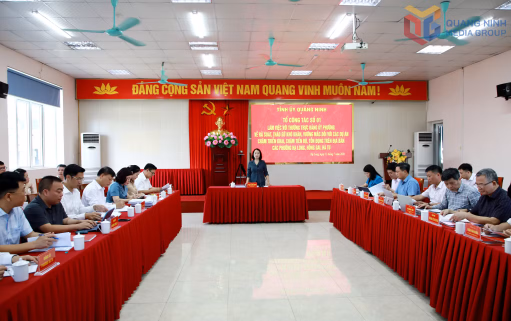Đồng chí Trịnh Thị Minh Thanh, Phó Bí thư Thường trực Tỉnh ủy, Chủ tịch HĐND tỉnh, Tổ trưởng Tổ công tác, phát biểu chỉ đạo buổi làm việc với Đảng ủy 3 phường Hạ Long, Hồng Gai và Hà Tu.