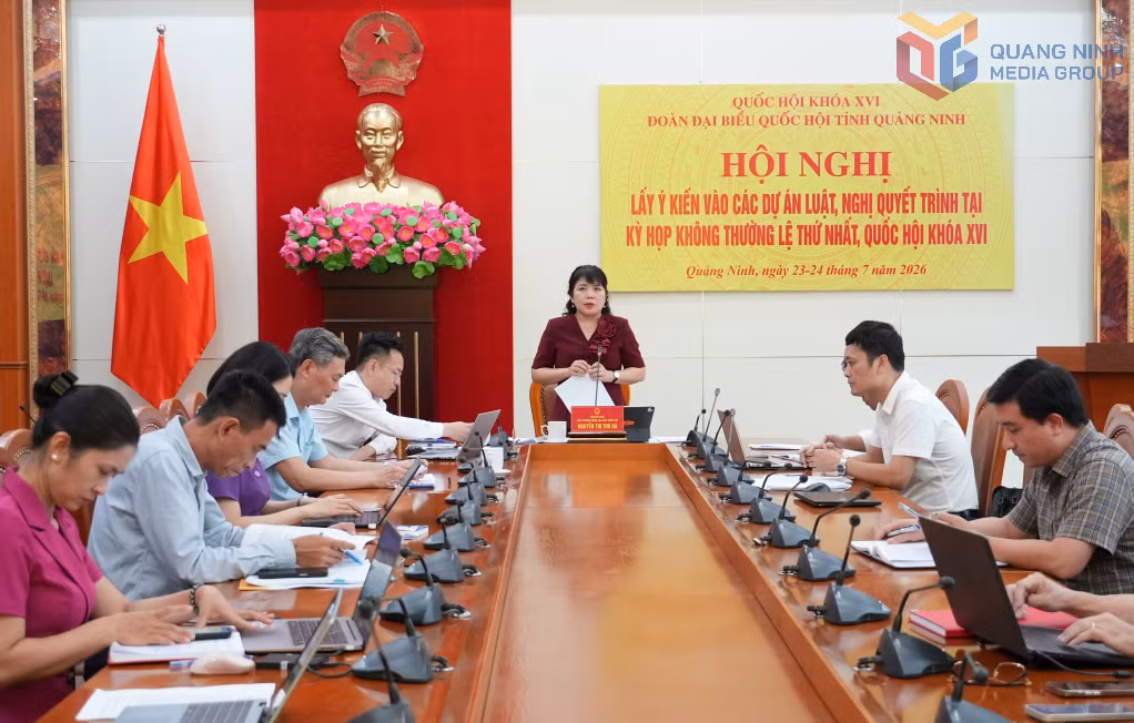 Đồng chí Nguyễn Thị Thu Hà, Phó Trưởng Đoàn ĐBQH tỉnh, phát biểu tại hội nghị.