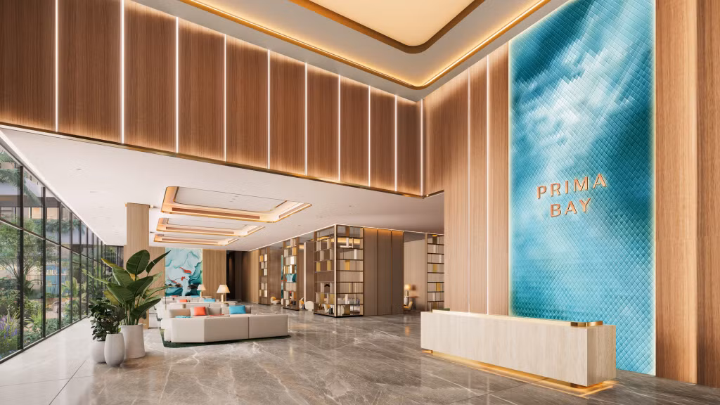 Sảnh đón tiếp và lounge mang phong cách khách sạn tại Prima Bay, mở ra trải nghiệm tinh tế, tiện nghi và chỉn chu ngay từ những điểm chạm đầu tiên.