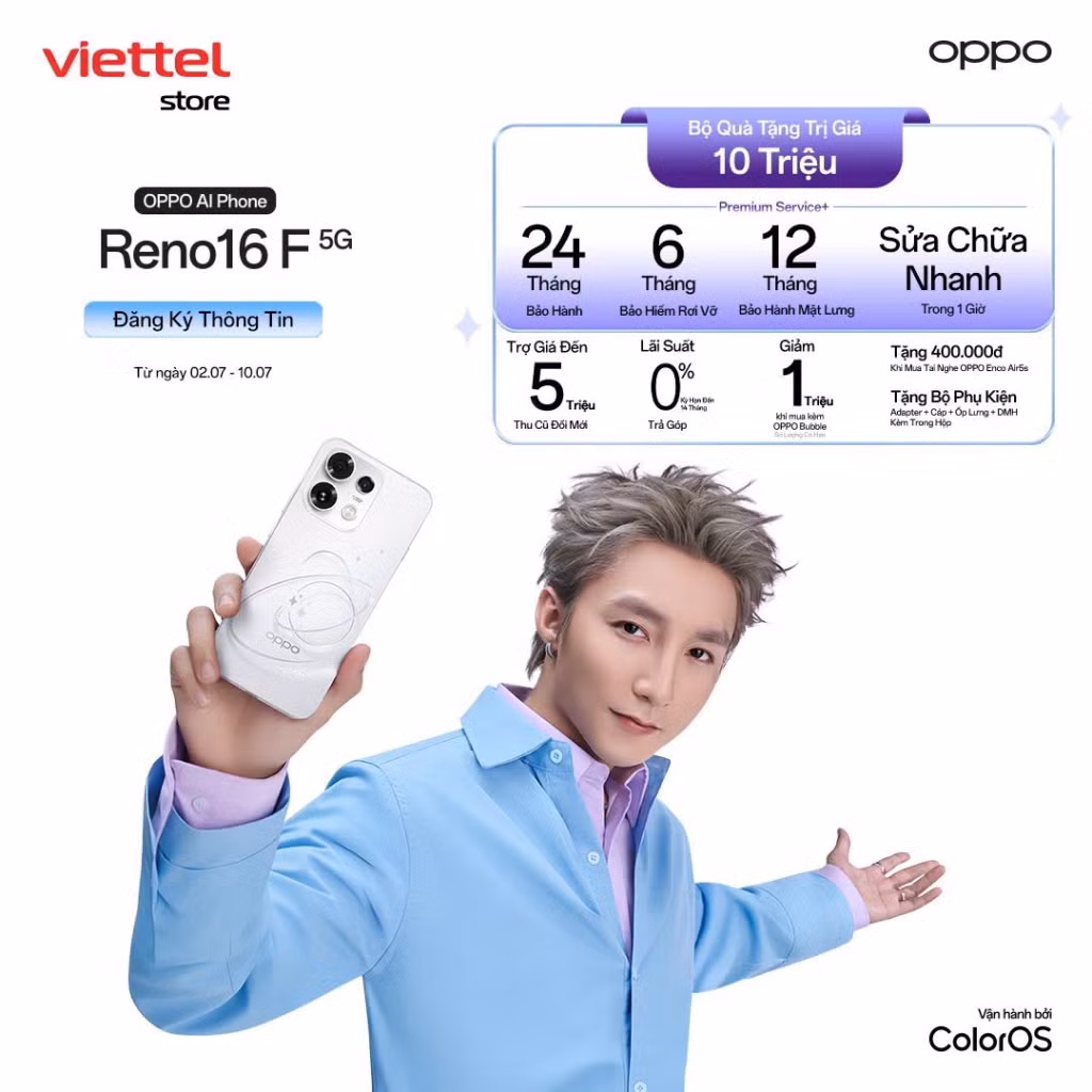 Đặt trước OPPO Reno16 F 8GB 256GB để nhận loạt quà tặng hấp dẫn từ Viettel Store.