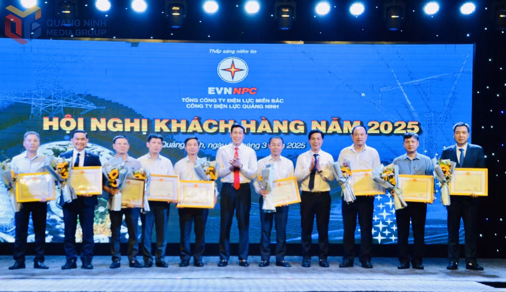 Đại diện lãnh đạo Tổng Công ty Điện lực miền Bắc và Công ty Điện lực miền Bắc trao Giấy khen cho 12 đơn vị, doanh nghiệp trên địa bàn tỉnh được vinh danh là điển hình trong công tác sử dụng điện tiết kiệm, hiệu quả.
