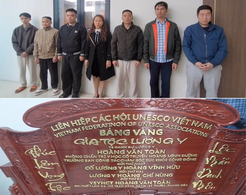 Các đối tượng trong đường dây bị bắt giữ, thu giữ nhiều thiết bị, biển hiệu. Ảnh: Công an Thanh Hóa