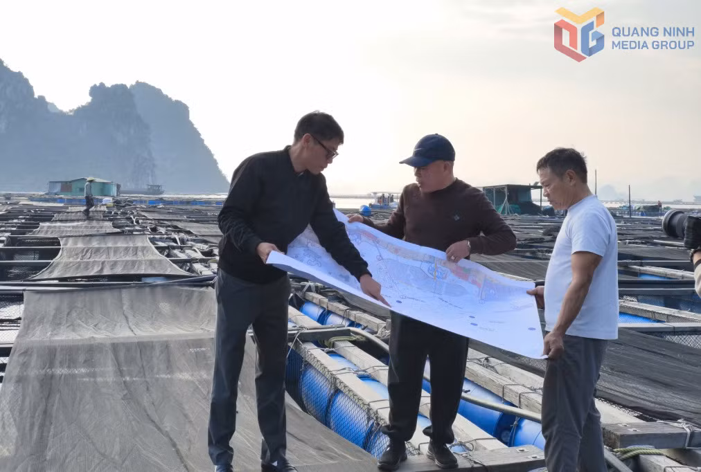 Cán bộ phường Cẩm Phả trao đổi với xã viên HTX Hướng Dương về khu vực giao biển của HTX. Ảnh: Thanh Hoa