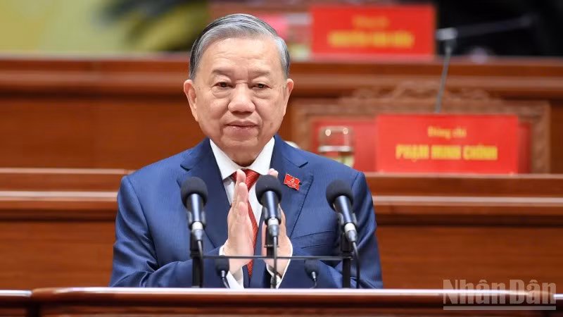 Tổng Bí thư Tô Lâm phát biểu tại phiên bế mạc Đại hội XIV. (Ảnh: THỦY NGUYÊN)