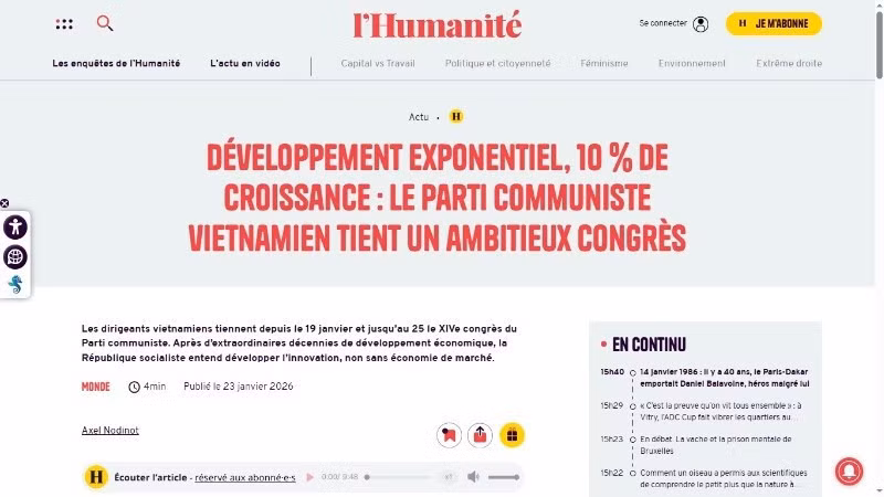 Báo Nhân đạo nhấn mạnh mục tiêu đề ra từ Đại hội XIV của Đảng Cộng sản Việt Nam, đạt tốc độ tăng trưởng GDP bình quân từ 10%/năm trở lên.