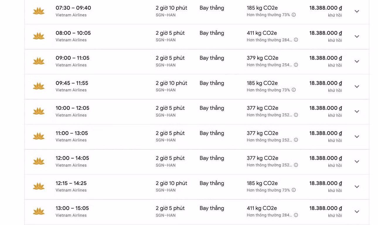 Giá vé máy bay khứ hồi chặng TPHCM - Hà Nội đắt nhất trên 18 triệu đồng. Ảnh: Google Flight