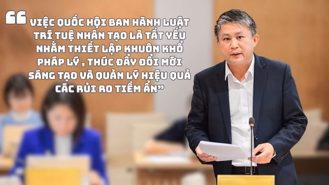 Ông Trần Văn Sơn - Phó Viện trưởng Viện Công nghệ số và Chuyển đổi số quốc gia (Bộ Khoa học và Công nghệ) thông tin về Luật Trí tuệ nhân tạo. Ảnh + Đồ họa: Hạo Thiên