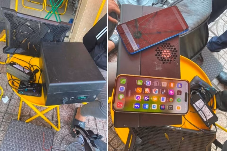 Thiết bị BTS giả và các tang vật khác trong vụ việc vừa được Cục Tần số vô tuyến điện thông tin. Ảnh: Trung tâm Tần số vô tuyến điện khu vực II.
