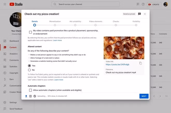 YouTube Creator Studio có thêm yêu cầu xác định video có chứa nội dung thực tế do AI tạo ra hay không. Ảnh: YouTube.