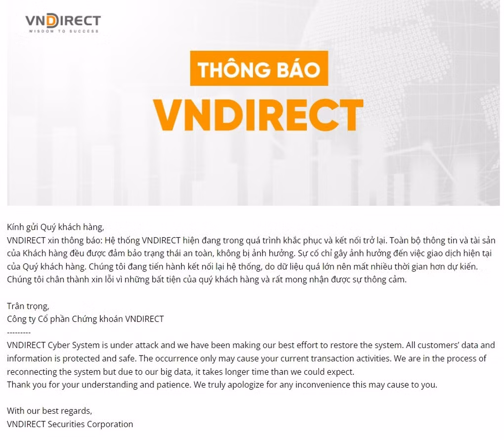 VNDirect thông báo thời gian kết nối lại hệ thống có thể tốn nhiều thời gian (Ảnh chụp màn hình).