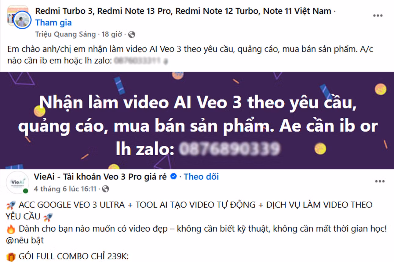 Nhiều bạn trẻ tranh thủ sức hút của Veo 3, nhận đặt làm video theo yêu cầu, viết kịch bản "tấu hài" kiếm thu nhập trong các hội nhóm tại Facebook. Ảnh chụp màn hình.