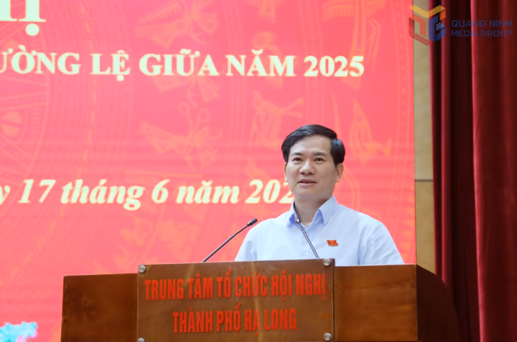 Đồng chí Vũ Quyết Tiến, Phó Bí thư Tỉnh ủy, Tổ trưởng Tổ đại biểu HĐND tỉnh tại TP Hạ Long, phát biểu tại hội nghị.