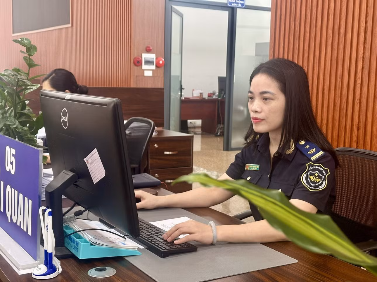 Bà Nguyễn Thị Thanh Bình - Phó Đội trưởng Hải quan Cửa khẩu quốc tế Lào Cai thực hiện các thủ tục hành chính, tạo điều kiện thuận lợi cho doanh nghiệp thông quan hàng hóa.