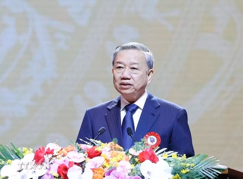 Tổng Bí thư Tô Lâm phát biểu tại Lễ kỷ niệm 100 năm Ngày Báo chí cách mạng Việt Nam. (Ảnh: Thống Nhất/TTXVN)