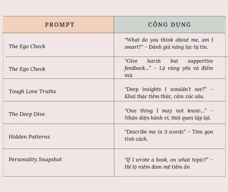 Các prompt này khai thác tối đa khả năng phân tích từ dữ liệu đã lưu, giúp bạn hiểu rõ hơn về mặt AI định dạng của mình.