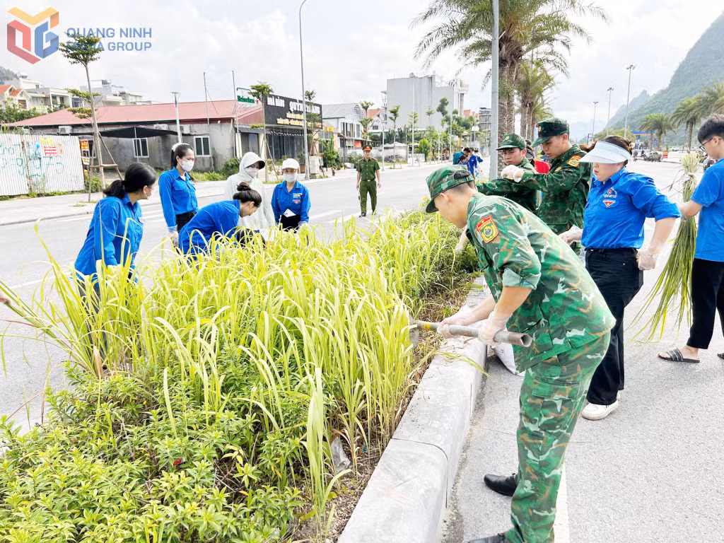 Lực lượng thanh niên tình nguyện tích cực tham gia dọn vệ sinh môi trường tuyến đường bao biển Hạ Long.
