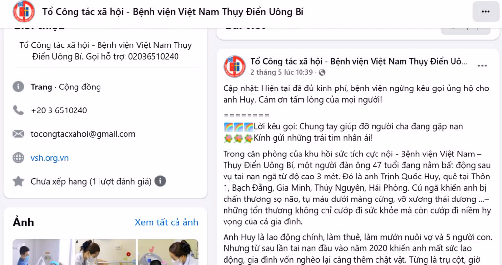 Lời kêu gọi, vận động ủng hộ trên Facebook của Tổ Công tác xã hội, Bệnh viện Việt Nam – Thụy Điển Uông Bí