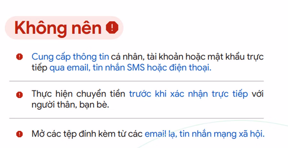 Các nguyên tắc phòng tránh lừa đảo trực tuyến, theo hướng dẫn tại cẩm nang 'An toàn trực tuyến’.