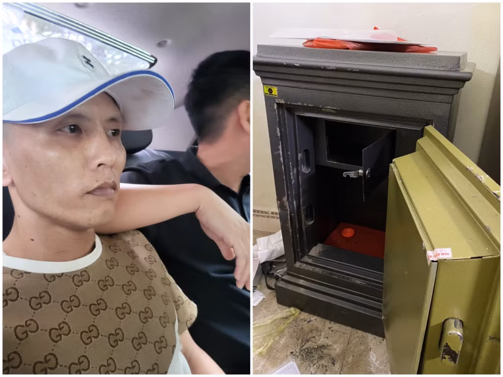 Đối tượng Lê Tô Hùng Mạnh và chiếc két sắt bị cạy phá.