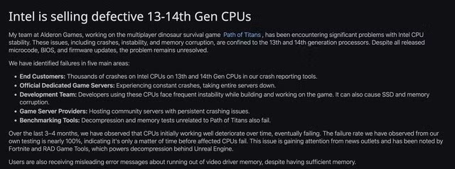Alderon Games cảnh báo người dùng về tình trạng crash trên chip Intel Core thế hệ 13 và 14
