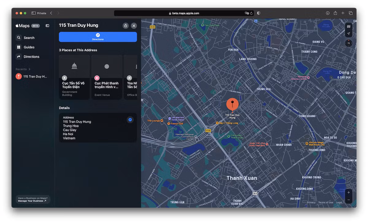 Người dùng có thể truy cập Apple Maps tại địa chỉ beta.maps.apple.com