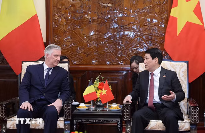 Chủ tịch nước Lương Cường và Nhà Vua Vương quốc Bỉ Philippe gặp hẹp. (Ảnh: Lâm Khánh/TTXVN)