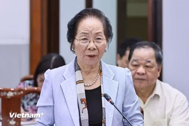 Bà Nguyễn Thị Doan, Nguyên Phó Chủ tịch nước, Ủy viên Đoàn Chủ tịch Uỷ ban Trung ương Mặt trận Tổ quốc Việt Nam phát biểu tại Hội nghị. (Ảnh: PV/Vietnam+)