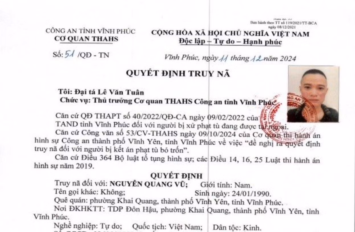 Thông tin đối tượng Nguyễn Quang Vũ. Ảnh: Công an Vĩnh Phúc