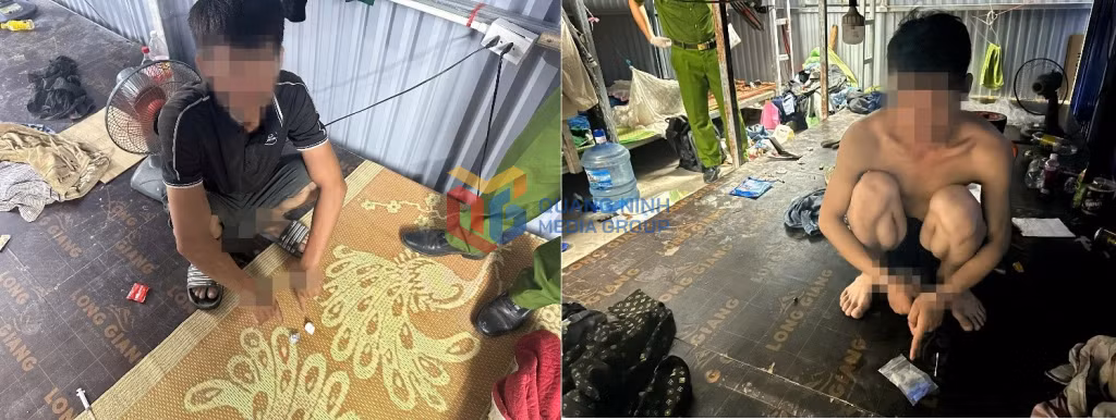 Đối tượng L.V.N (trái) và đối tượng T.A.K (phải) cùng các tang vật phát hiện, thu giữ được.