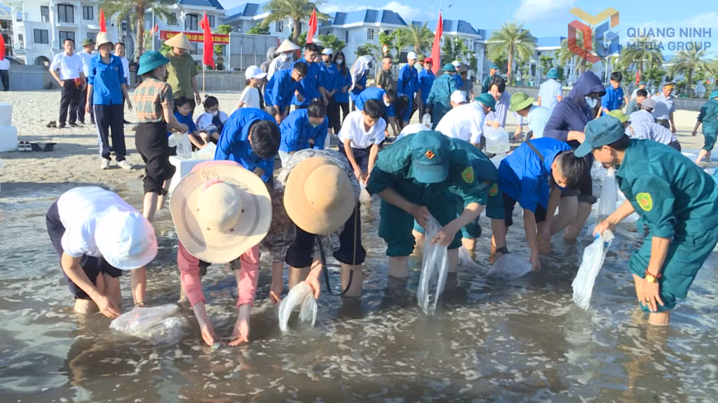Đông đảo các đại biểu và nhân dân tham dự đã thả cá giống về vùng biển tự nhiên tại bãi tắm Bái Tử Long.